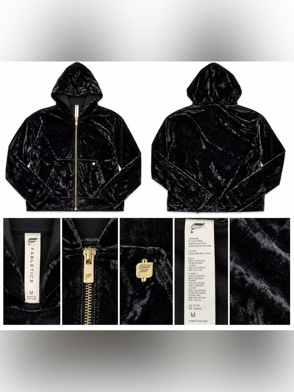 Fabletics Black Crushed Velvet Full-Zip Hoodie – Women’s M